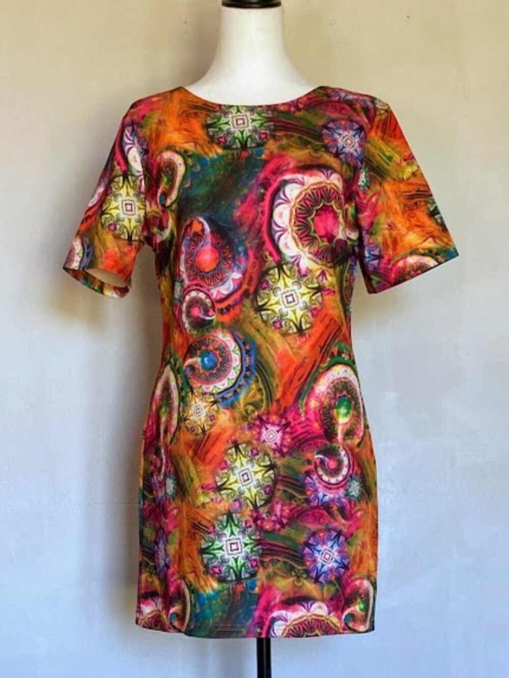 Abstract Oil Painting Print Dress Short Sleeve Side Zip Stretchy China XXL